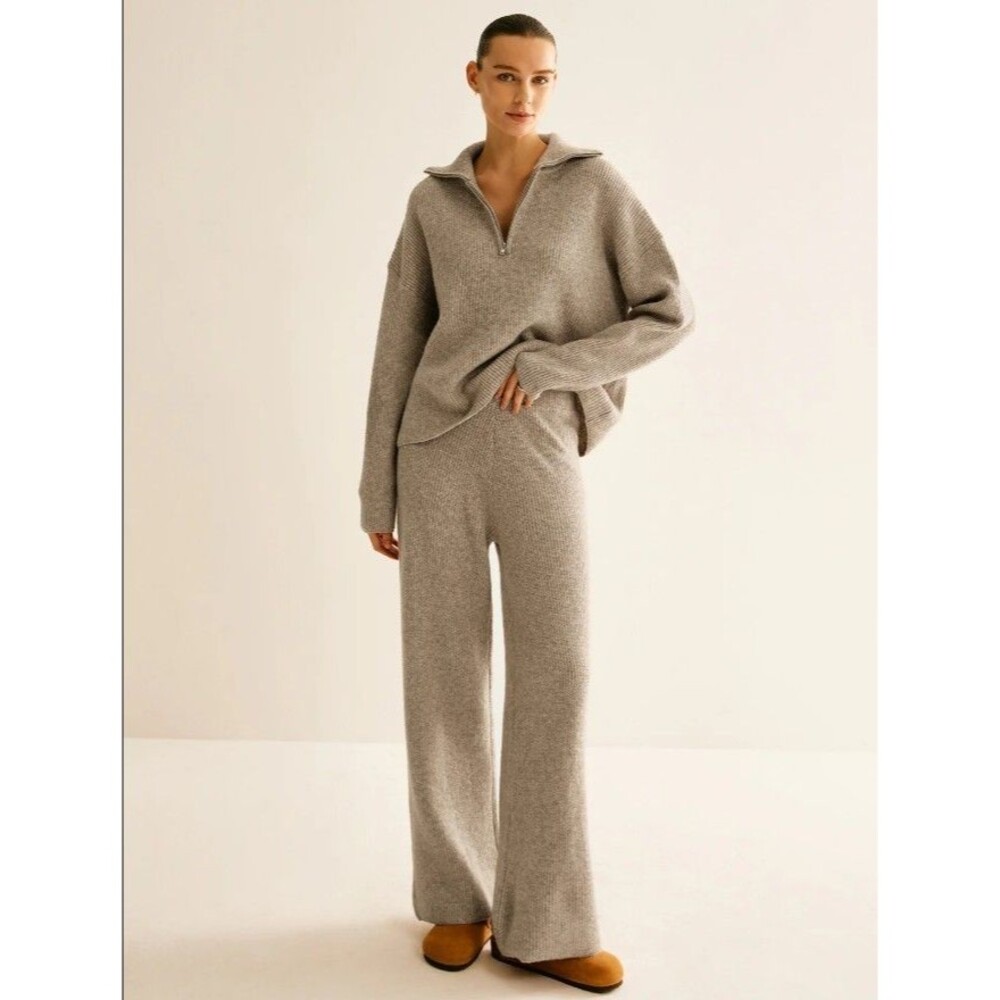 NWT Commense Knit Sweater Pants Two Piece Set Lounge 1/4 Zip Wool blend-Large